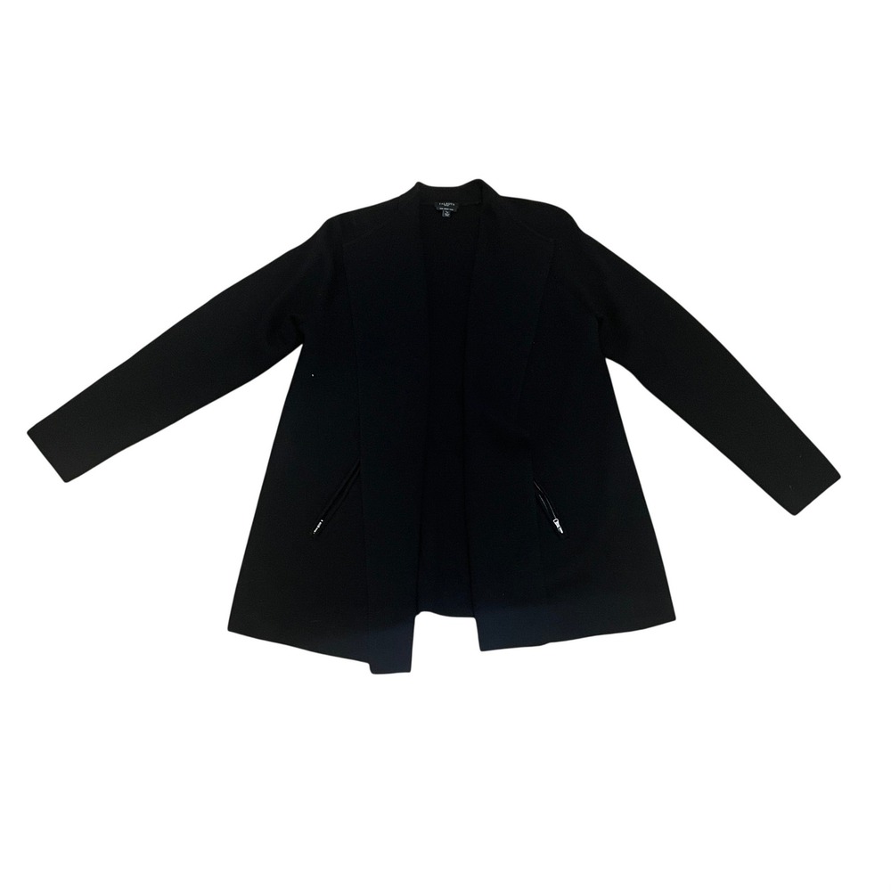 Talbots Petites Black 100% Merino Wool Open Front Cardigan Zip Pockets Size LP